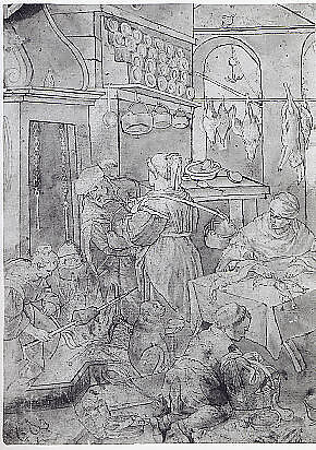Kitchen Scene, Copy after Leandro (?) Bassano (1557–1622), Pen and brown ink, brown wash, Italian