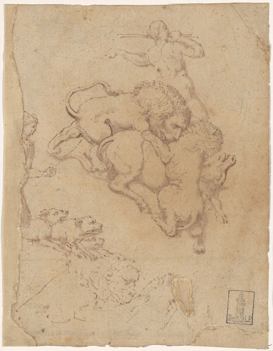 Hunting Scene and Lions Attacking Animals, The Veneto, Pen and brown ink, touches of brush and brown wash, on brownish paper; retouched (by a later hand) in pen and brown ink in one lion's tail and leg, in the bull's face and tail, and in the dog's faces., Italian