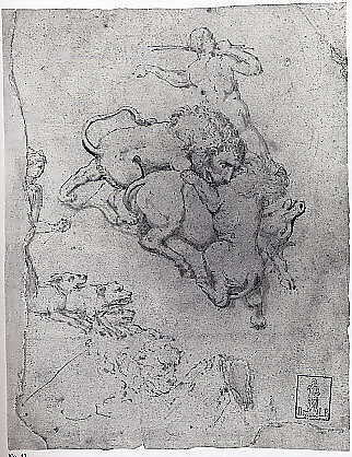 Hunting Scene and Lions Attacking Animals, The Veneto (1570–1599), Pen and brown ink, touches of brush and brown wash, on brownish paper; retouched (by a later hand) in pen and brown ink in one lion's tail and leg, in the bull's face and tail, and in the dog's faces., Italian