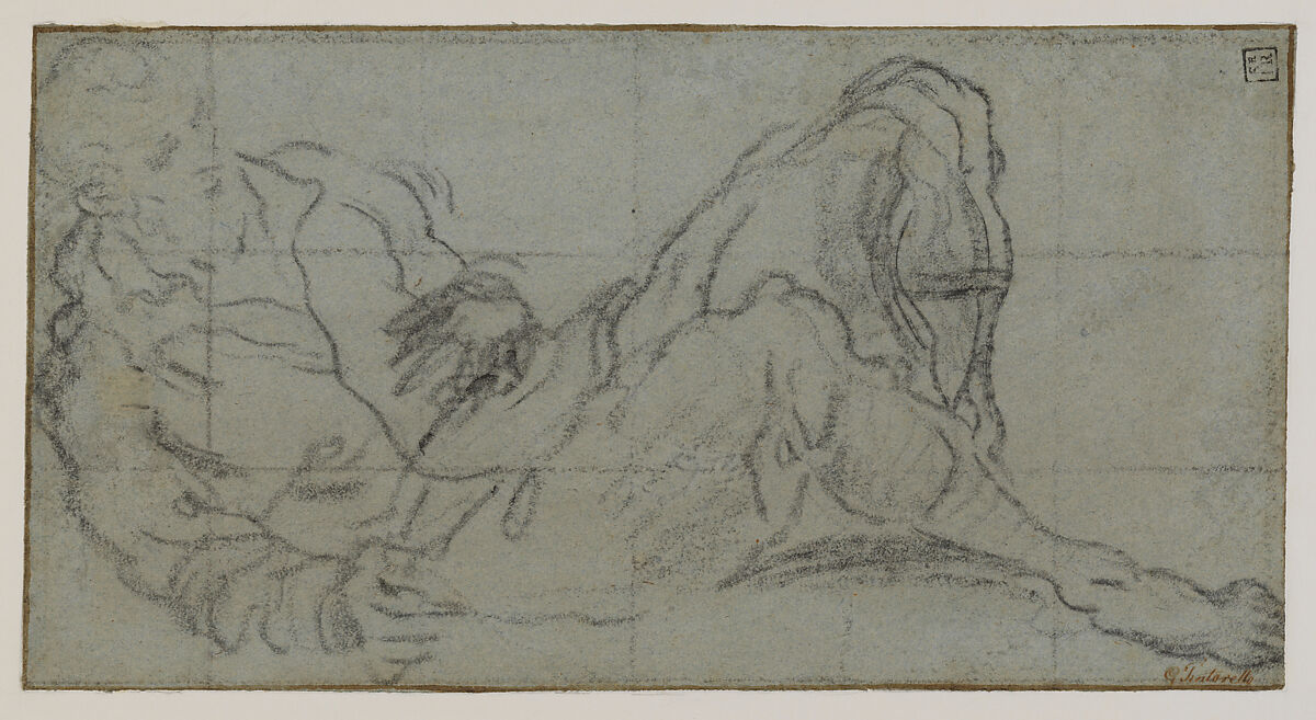 Reclining Male Figure, Jacopo Tintoretto (Jacopo Robusti) (Italian, Venice 1518/19–1594 Venice), Black chalk on blue paper; squared in black chalk.