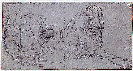 Reclining Male Figure, Jacopo Tintoretto (Jacopo Robusti) (Italian, Venice 1518/19–1594 Venice), Black chalk on blue paper; squared in black chalk.