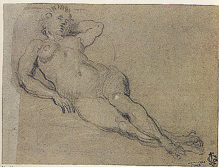 Reclining Female Nude, Domenico Tintoretto (Italian, Venice 1560–1635 Venice), Black and white chalk on faded blue paper.
