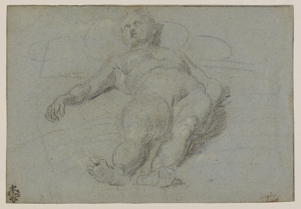 Reclining Female Nude, Domenico Tintoretto (Italian, Venice 1560–1635 Venice), Black and white chalk on blue paper 