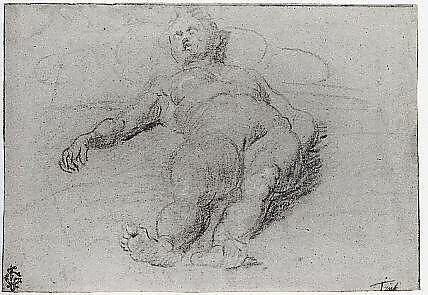 Reclining Female Nude, Domenico Tintoretto (Italian, Venice 1560–1635 Venice), Black and white chalk on blue paper