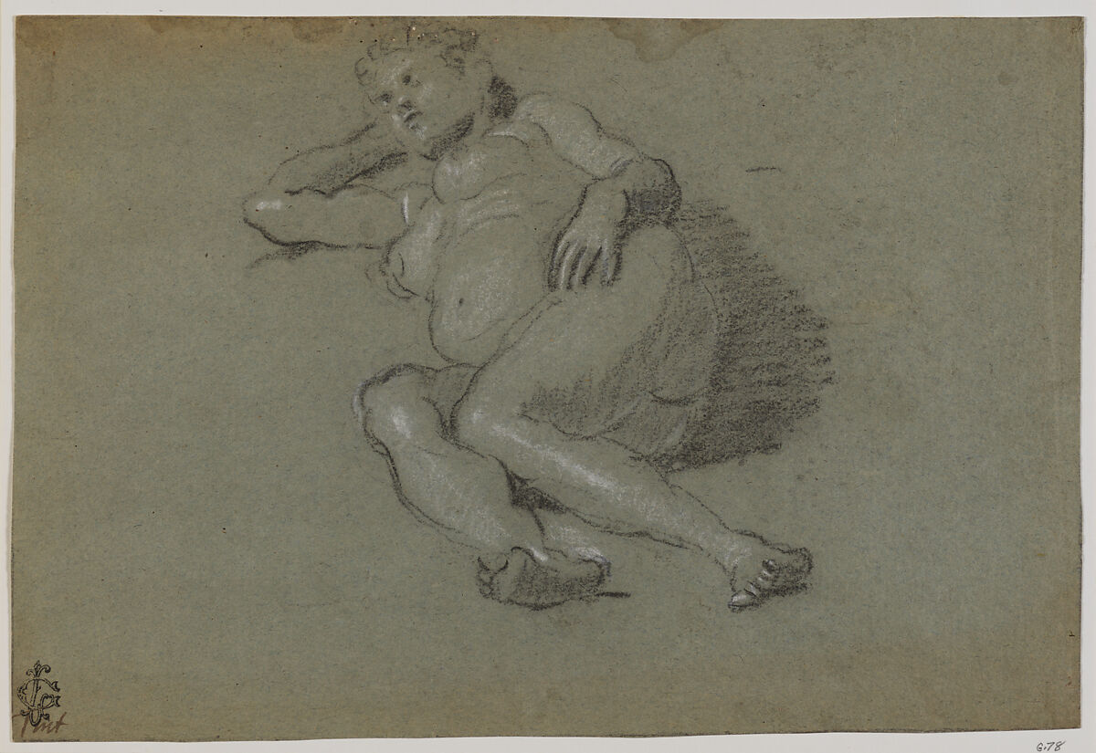 Reclining Female Nude, Domenico Tintoretto (Italian, Venice 1560–1635 Venice), Black and white chalk on blue paper.