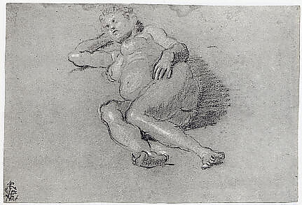 Reclining Female Nude, Domenico Tintoretto (Italian, Venice 1560–1635 Venice), Black and white chalk on blue paper.