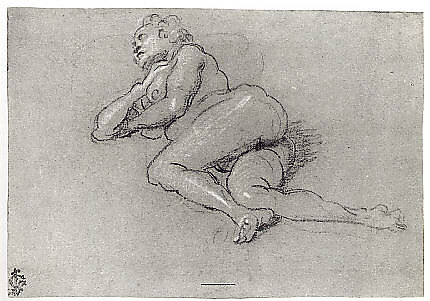 Reclining Female Nude, Domenico Tintoretto (Italian, Venice 1560–1635 Venice), Black and white chalk on blue paper