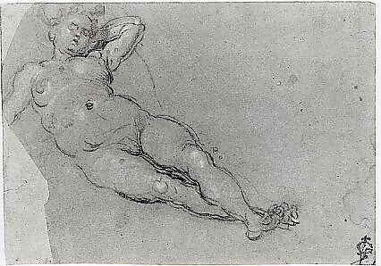 Reclining Female Nude, Domenico Tintoretto (Italian, Venice 1560–1635 Venice), Black and white chalk on blue paper
