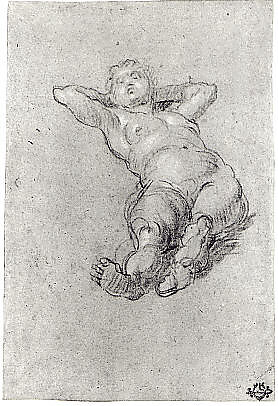 Reclining Female Nude, Domenico Tintoretto (Italian, Venice 1560–1635 Venice), Black and white chalk on blue paper.