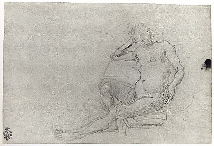 Seated Female Nude, Domenico Tintoretto (Italian, Venice 1560–1635 Venice), Black and white chalk on blue paper