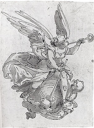 Fame, Luca Cambiaso (Italian, Moneglia 1527–1585 Madrid) (?), Pen and brown ink, brown wash, over traces of black chalk.