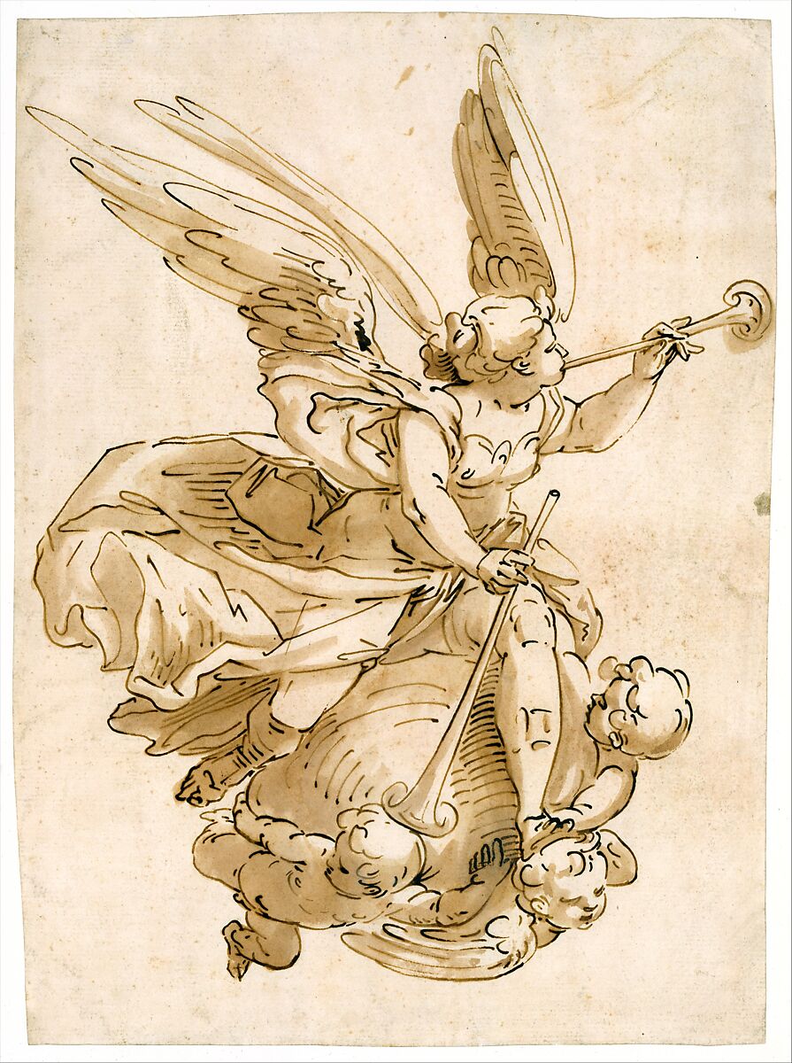 Fame, Luca Cambiaso (Italian, Moneglia 1527–1585 Madrid) (?), Pen and brown ink, brown wash, over traces of black chalk. 