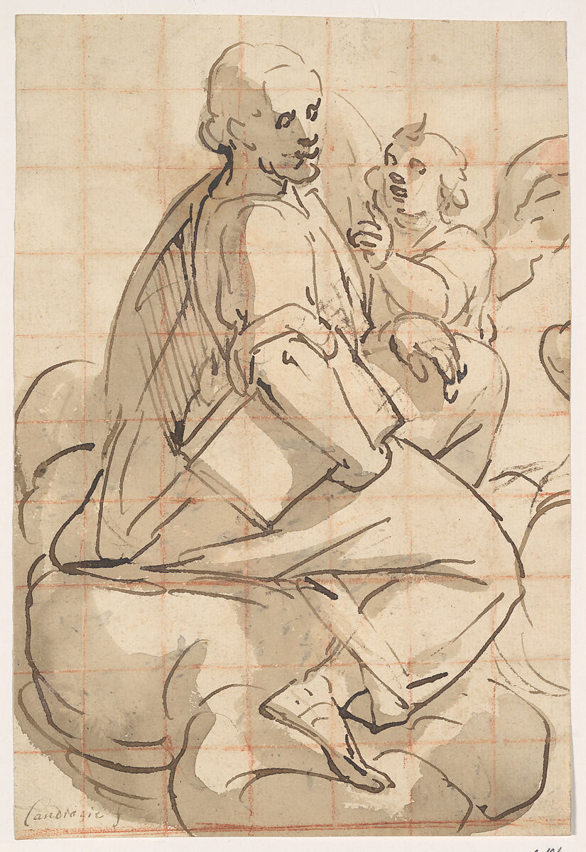 Saint Matthew and the Angel, Luca Cambiaso (Italian, Moneglia 1527–1585 Madrid) (?), Pen and brown ink, brown wash over traces of brown chalk (?); squared in red chalk 