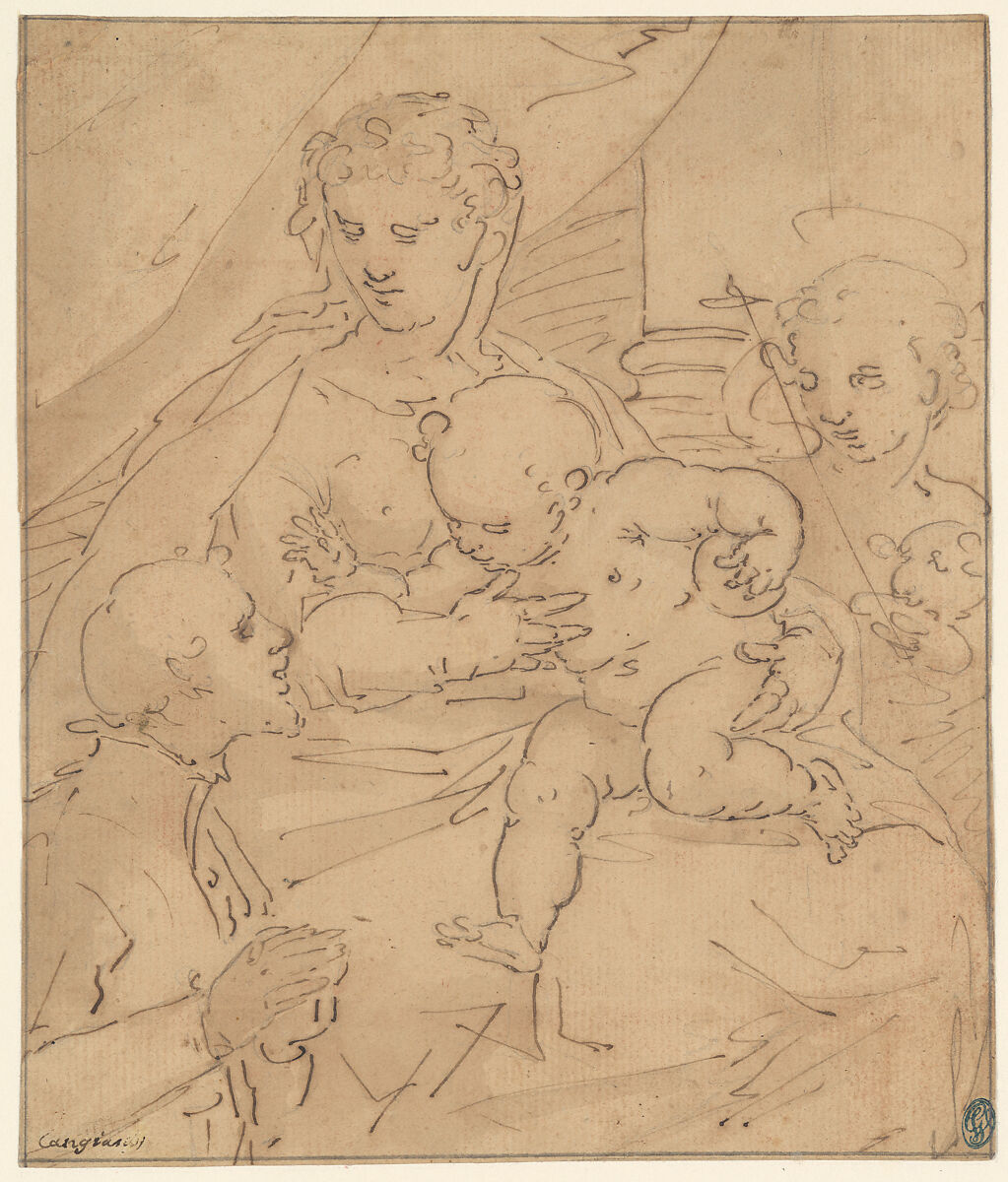 Madonna and Child with the Young Saint John the Baptist and a Donor, Workshop of Cambiaso (1527–1585), Pen and brown ink, brown wash, over graphite underdrawing, Italian 