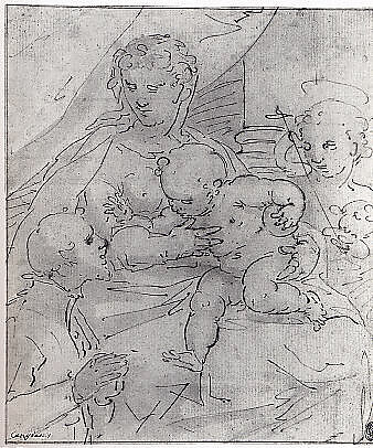 Madonna and Child with the Young Saint John the Baptist and a Donor, Workshop of Cambiaso (1527–1585), Pen and brown ink, brown wash, over graphite underdrawing, Italian