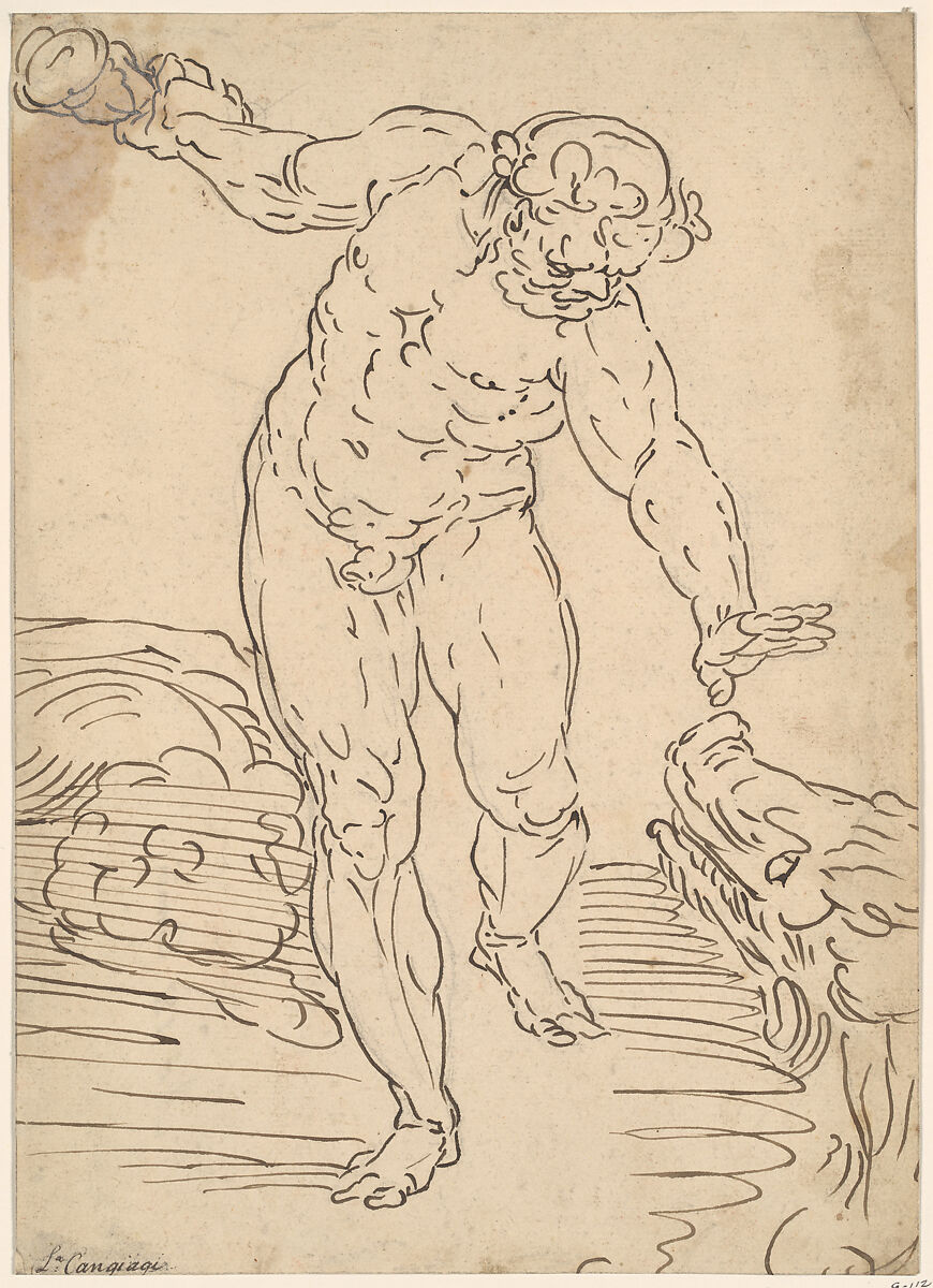 Hercules and the Erymanthian Boar, School of Cambiaso (Italian, 1527–1585), Pen and brown ink, over black chalk underdrawing, Italian 