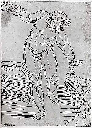 Hercules and the Erymanthian Boar, School of Cambiaso (Italian, 1527–1585), Pen and brown ink, over black chalk underdrawing, Italian