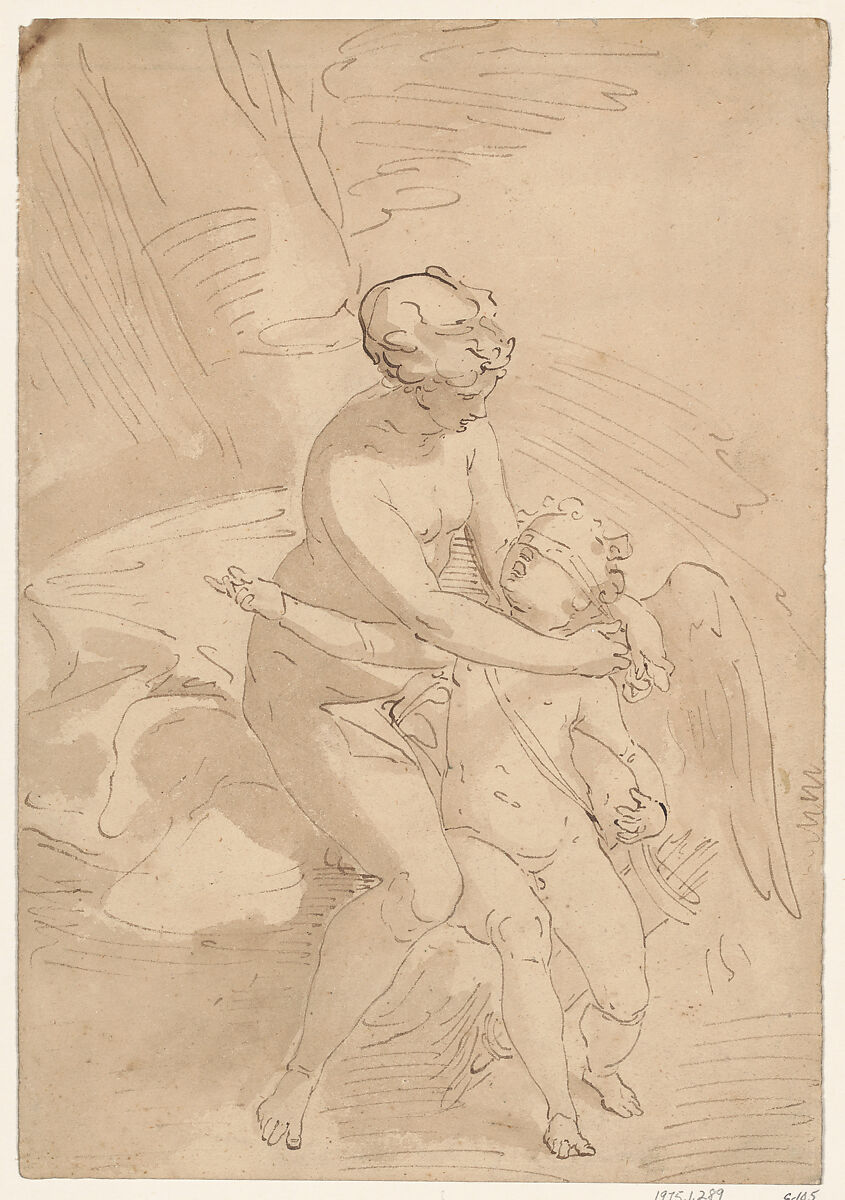 Venus Blindfolding Cupid, School of Cambiaso (Italian, 1527–1585), Pen and brown ink, brown wash, on tan paper. 
