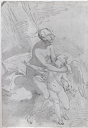 Venus Blindfolding Cupid, School of Cambiaso (Italian, 1527–1585), Pen and brown ink, brown wash, on tan paper.