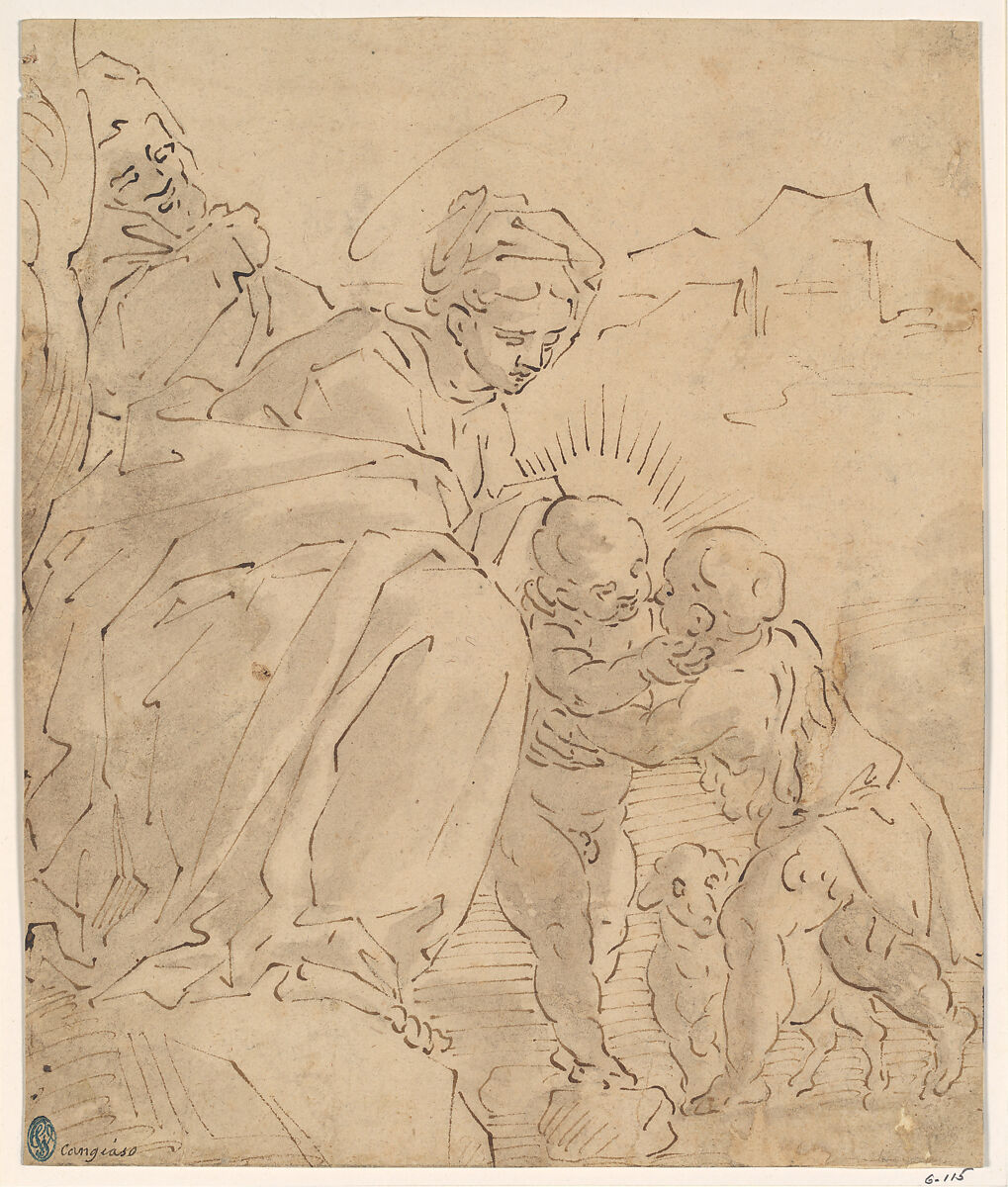 The Holy Family with the Young Saint John the Baptist, School of Cambiaso (Italian, 1527–1585), Pen and brown ink, grayish brown wash., Italian 