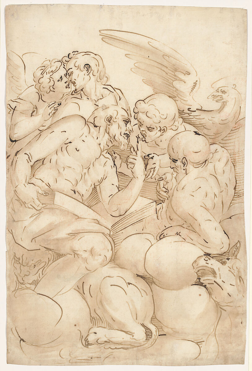 The Four Evangelists, School of Cambiaso (Italian, 1527–1585), Pen and brown ink, brown wash over traces of black chalk. 