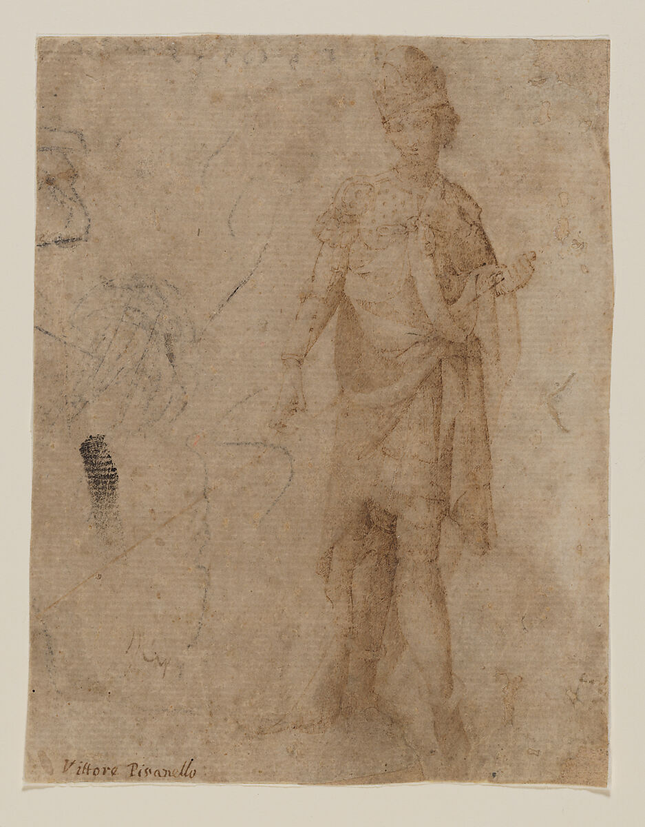 A Young Man in Armor, Facing Front, Attributed to Arcangelo di Cola da Camerino (Italian, born Macerata(?), active 1416–29), Pen and brown ink, brown wash; various markings in black chalk probably by a later hand. 