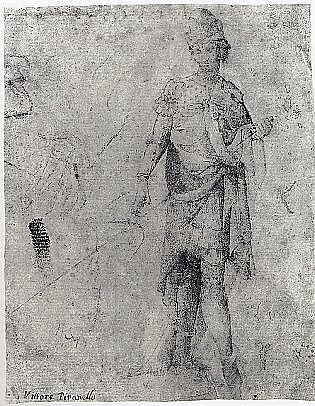 A Young Man in Armor, Facing Front, Attributed to Arcangelo di Cola da Camerino (Italian, born Macerata(?), active 1416–29), Pen and brown ink, brown wash; various markings in black chalk probably by a later hand.