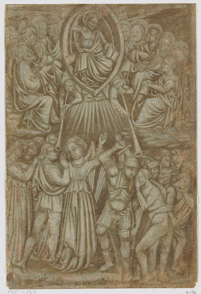 The Last Judgment, Circle of Ottaviano Nelli (Italian, Gubbio ca. 1370 – 1444(?) Gubbio), Brush and brown ink, brown wash, heightened with white, on greenish blue paper., Italian, Gubbio 