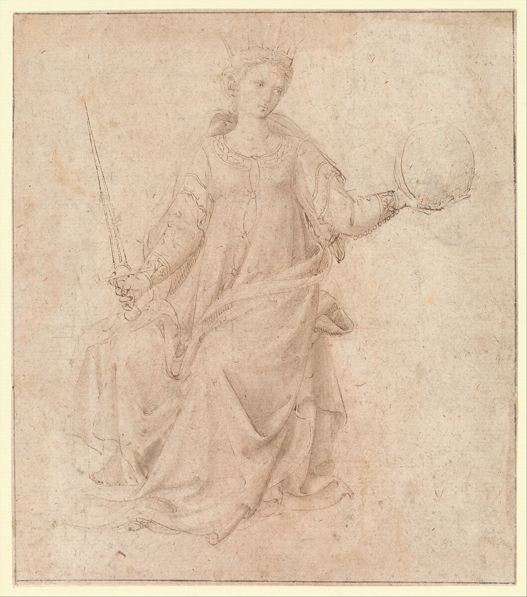 Justice, Follower of Fra Angelico (Guido di Pietro) (Italian, Vicchio di Mugello ca. 1395–1455 Rome), Pen and brown ink, brush and brown wash (the blade of the sword in pen and darker brown ink) 