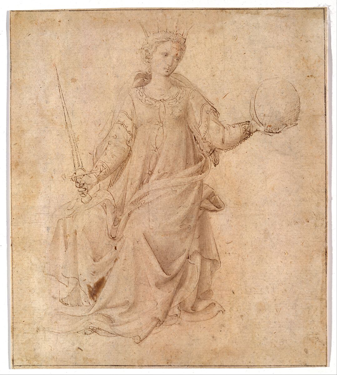 Justice, Follower of Fra Angelico (Guido di Pietro) (Italian, Vicchio di Mugello ca. 1395–1455 Rome), Pen and brown ink, brush and brown wash (the blade of the sword in pen and darker brown ink)