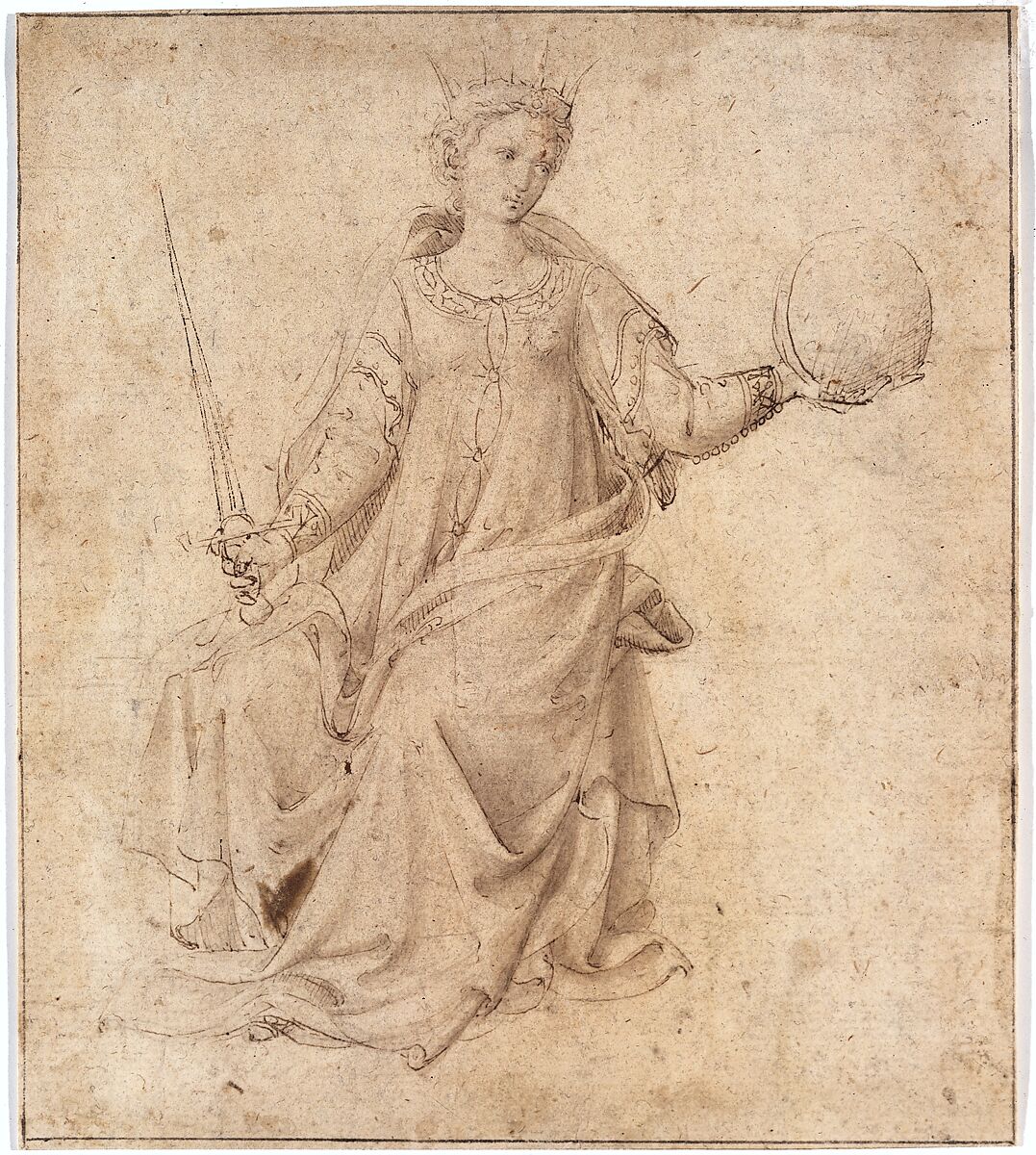 Justice, Follower of Fra Angelico (Guido di Pietro) (Italian, Vicchio di Mugello ca. 1395–1455 Rome), Pen and brown ink, brush and brown wash (the blade of the sword in pen and darker brown ink)