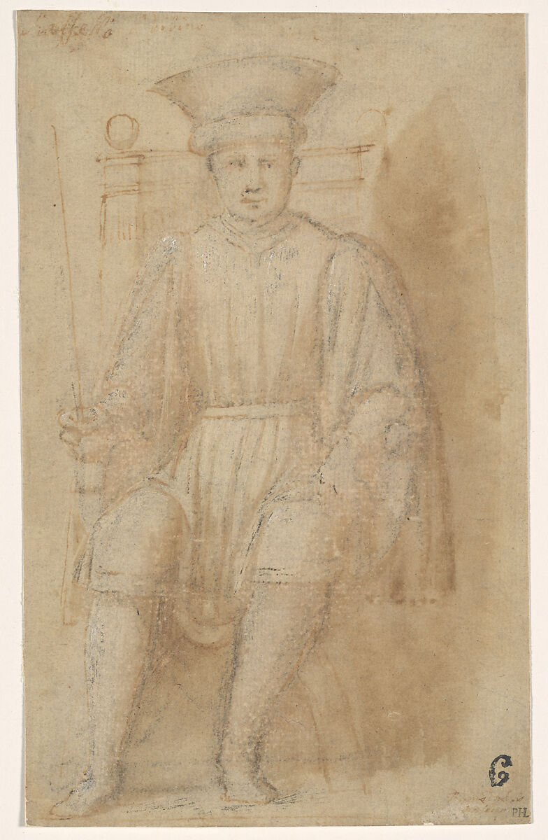 A Man Seated on a Throne, Follower of Piero della Francesca (Italian, San Sepolcro, ca. 1412–1492 San Sepolcro), Pen and brown ink, brush and brown ink, brown wash, heightened with white (partly oxidized), over traces of black chalk., Italian 