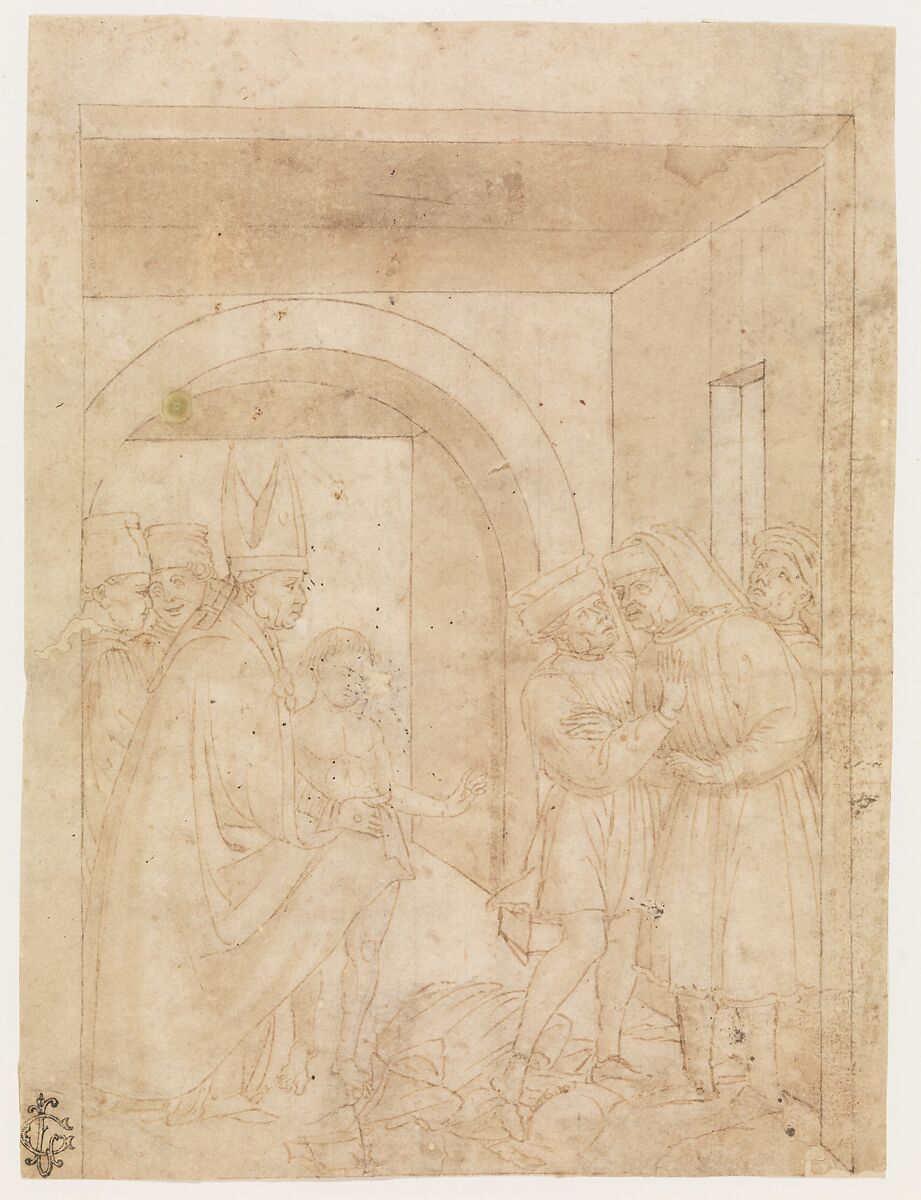 Saint Francis Before the Bishop, Attributed to Niccolò Solimani (Niccolò da Verona) (Italian, Mantua act. 1461–93), Pen and light and dark brown ink, brown wash, over traces of black chalk. 