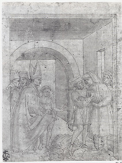 Saint Francis Before the Bishop, Attributed to Niccolò Solimani (Niccolò da Verona) (Italian, Mantua act. 1461–93), Pen and light and dark brown ink, brown wash, over traces of black chalk.