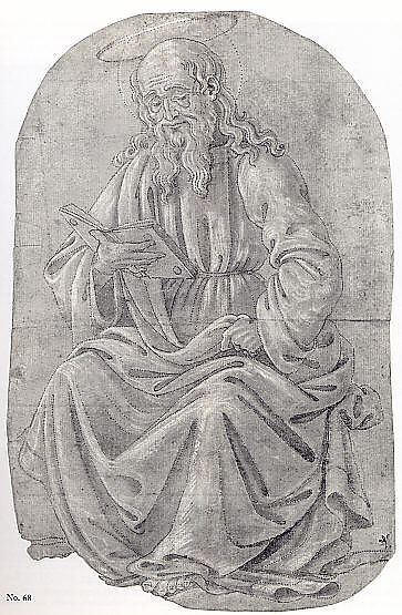 A Seated Saint Reading from a Book, Attributed to Francesco Botticini (Francesco di Giovanni) (Italian, Florentine, ca. 1446–1497), Brush and brown ink, brown wash, heightened with white (partly oxidized); horizontal lines in black chalk (?); pricked for transfer; outlines reinforced in brown ink, perhaps in the 15th or early 16th century.