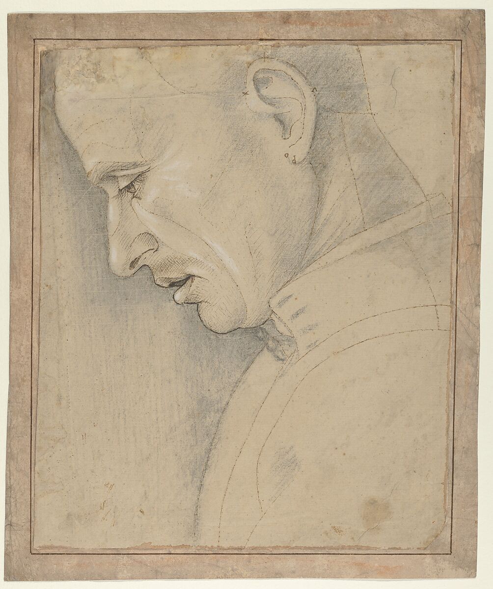 Head of a Man in Profile, Luca Signorelli (Luca d&#39;Egidio di Luca di Ventura) (Italian, Cortona, active by 1470–died 1523 Cortona), Black chalk, pen and brown ink, heightened with white. 