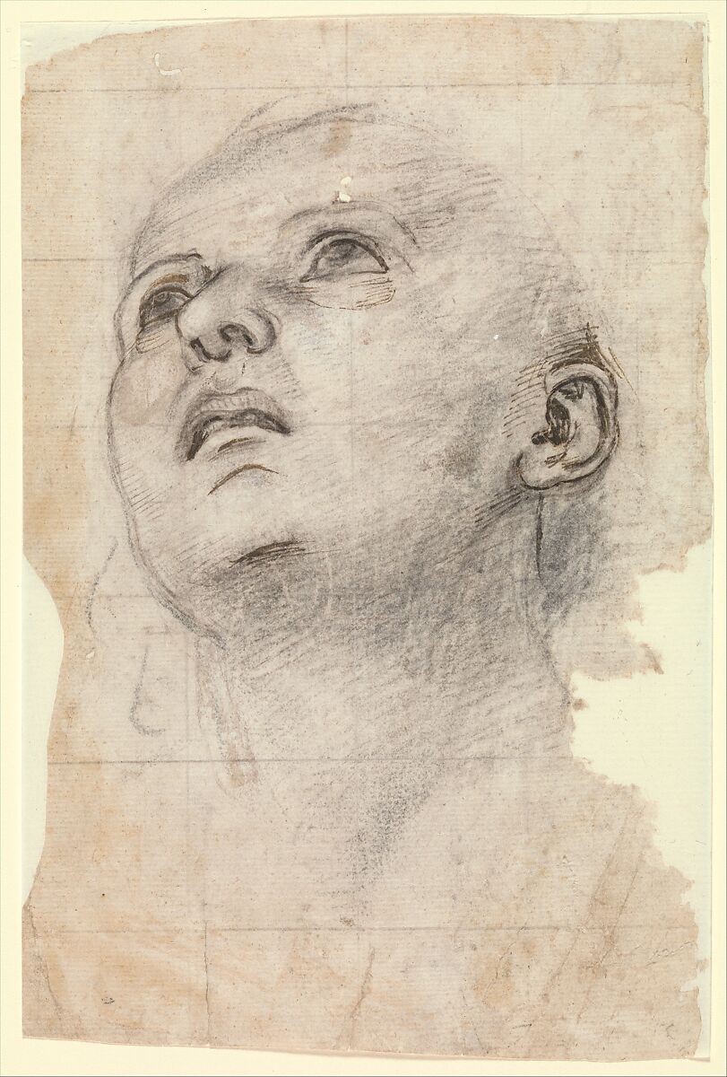 Study of the Head of a Youth Gazing Upward, Workshop of Perugino (Pietro di Cristoforo Vannucci) (Italian, Città della Pieve, active by 1469–died 1523 Fontignano), Black chalk;  Squared in black chalk; eyes, nose, ears, mouth retouched with pen and brown ink. 