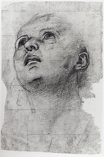 Study of the Head of a Youth Gazing Upward, Workshop of Perugino (Pietro di Cristoforo Vannucci) (Italian, Città della Pieve, active by 1469–died 1523 Fontignano), Black chalk;  Squared in black chalk; eyes, nose, ears, mouth retouched with pen and brown ink.