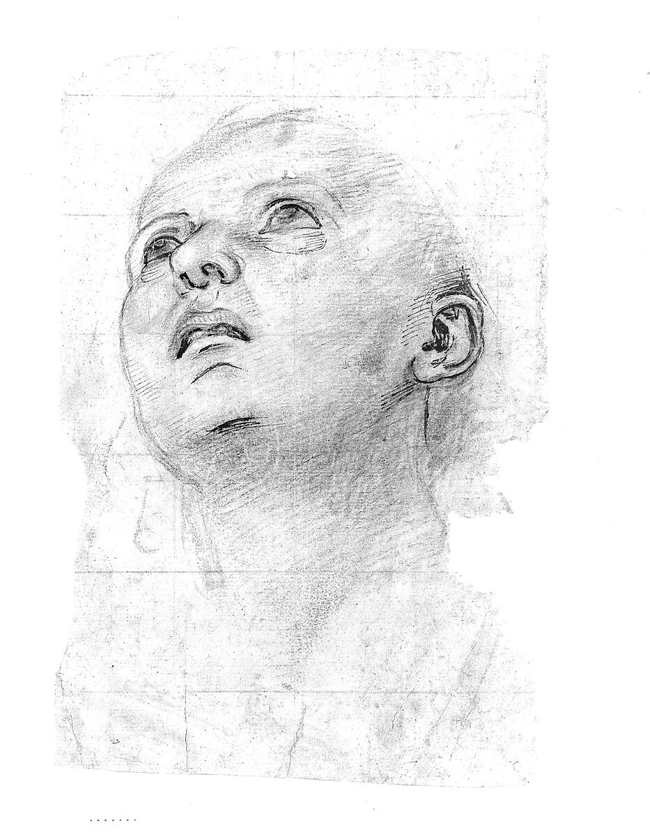 Study of the Head of a Youth Gazing Upward, Workshop of Perugino (Pietro di Cristoforo Vannucci) (Italian, Città della Pieve, active by 1469–died 1523 Fontignano), Black chalk;  Squared in black chalk; eyes, nose, ears, mouth retouched with pen and brown ink.
