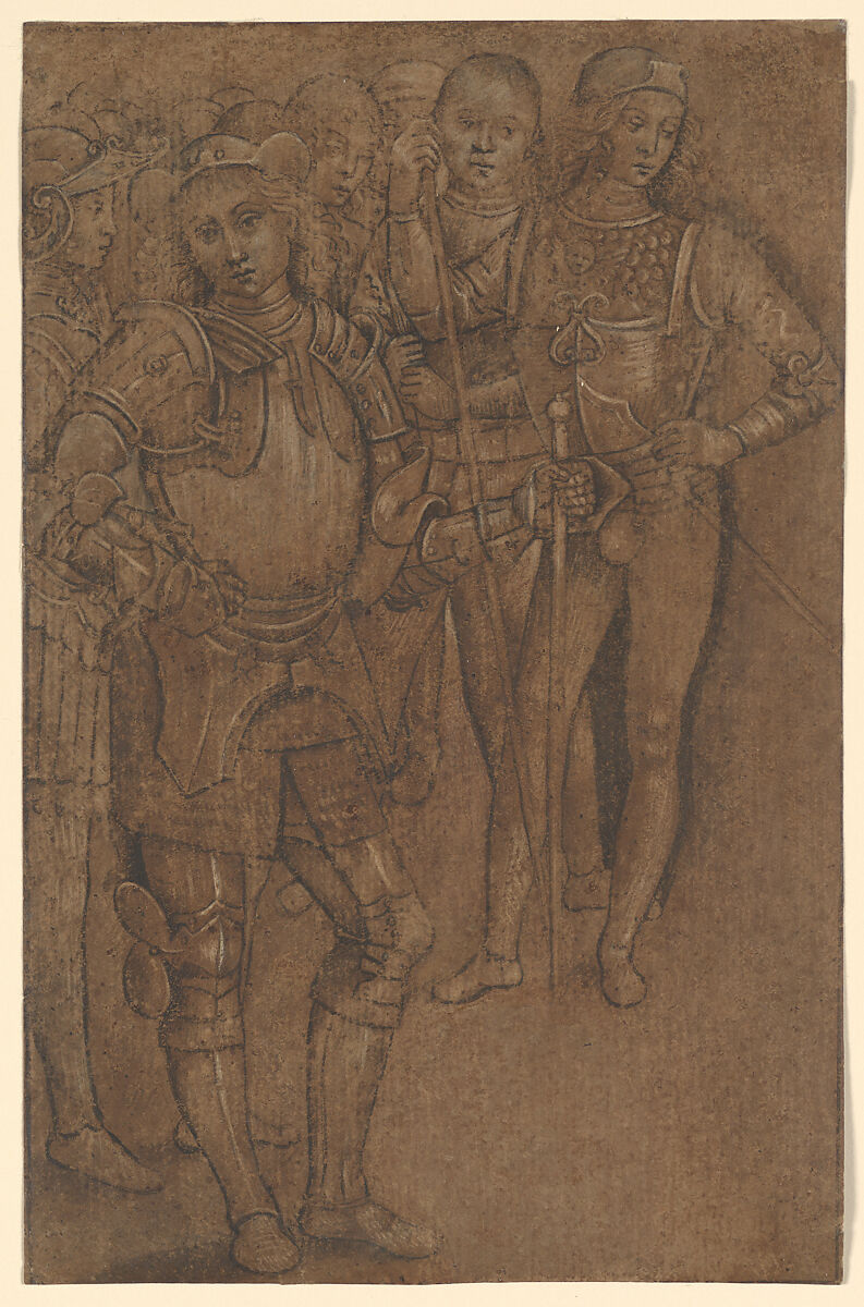 Group of Warriors Standing, Circle of Perugino (Pietro di Cristoforo Vannucci) (Italian, Città della Pieve, active by 1469–died 1523 Fontignano), Tip of the brush and black ink, black wash, traces of black chalk, heightened with white, on dark brown tinted paper. 
