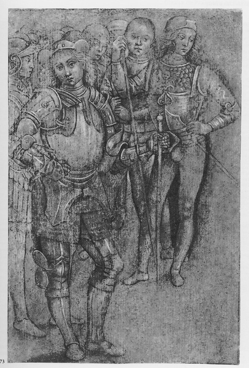 Group of Warriors Standing, Circle of Perugino (Pietro di Cristoforo Vannucci) (Italian, Città della Pieve, active by 1469–died 1523 Fontignano), Tip of the brush and black ink, black wash, traces of black chalk, heightened with white, on dark brown tinted paper.