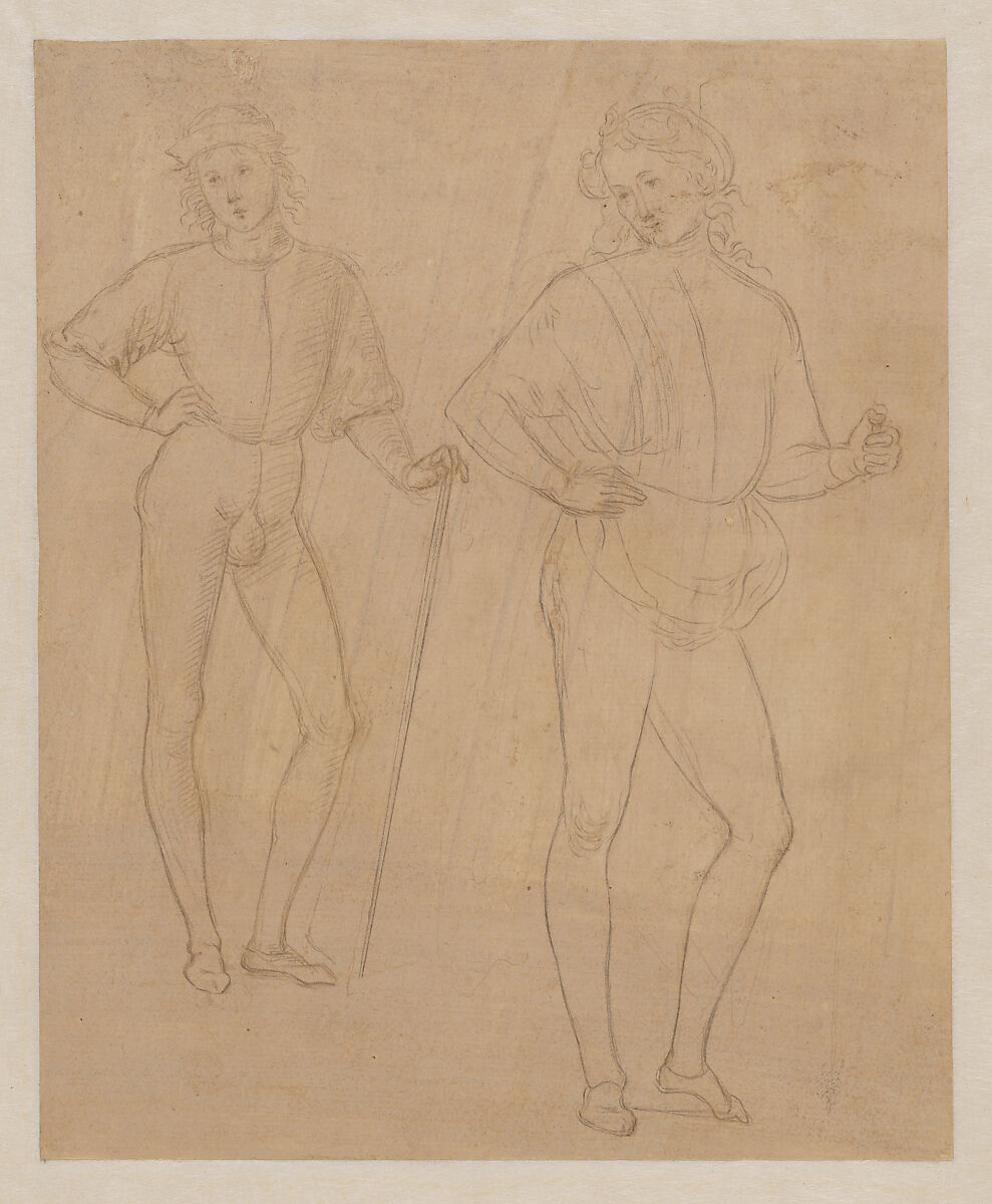 Two Studies of a Standing Youth in Quattrocento Clothing (recto); a cardinal's hat on a fragmentary coat of arms with a griffin (the arms of the city of Perugia) (verso), Workshop of Perugino (Pietro di Cristoforo Vannucci) (Italian, Città della Pieve, active by 1469–died 1523 Fontignano), Metalpoint on pinkish prepared paper; retouched by a later hand in pencil, particularly the figure at the right (recto); black chalk, over dots obtained by the pouncing of a model; partly retouched with brush and brown ink (verso) 
