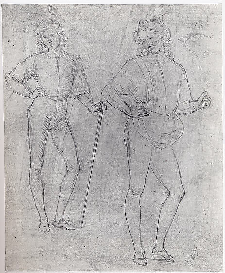 Two Studies of a Standing Youth in Quattrocento Clothing (recto); a cardinal's hat on a fragmentary coat of arms with a griffin (the arms of the city of Perugia) (verso), Workshop of Perugino (Pietro di Cristoforo Vannucci) (Italian, Città della Pieve, active by 1469–died 1523 Fontignano), Metalpoint on pinkish prepared paper; retouched by a later hand in pencil, particularly the figure at the right (recto); black chalk, over dots obtained by the pouncing of a model; partly retouched with brush and brown ink (verso)