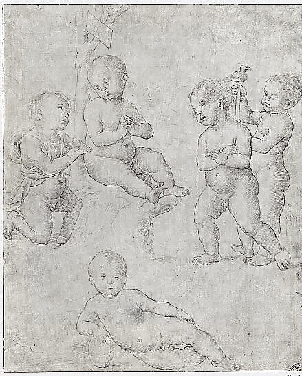 Five Nude Infants in Various Poses, Circle of Raphael (Raffaello Sanzio or Santi) (Italian, Urbino 1483–1520 Rome), Metalpoint, traces of charcoal or black chalk, on  pale pinkish gray prepared paper.
