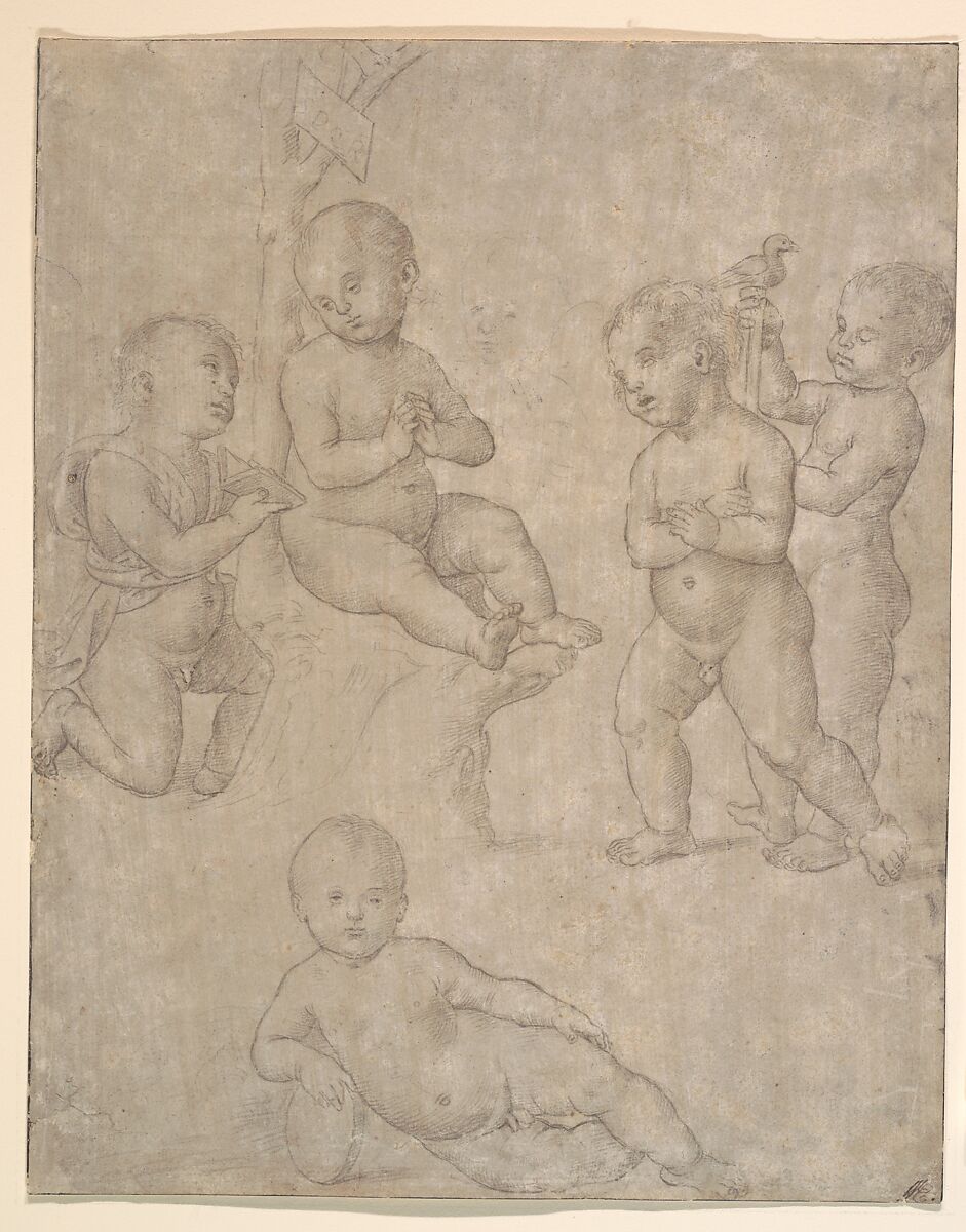 Five Nude Infants in Various Poses, Raphael (Raffaello Sanzio or Santi)  Italian, Metalpoint, traces of charcoal or black chalk, on  pale pinkish gray prepared paper.