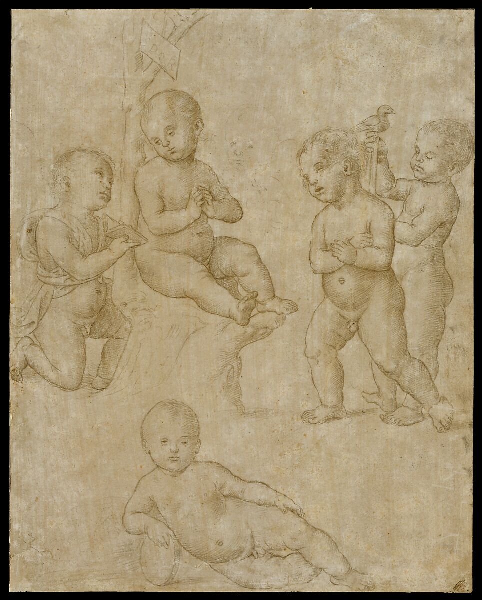 Five Nude Infants in Various Poses, Circle of Raphael (Raffaello Sanzio or Santi) (Italian, Urbino 1483–1520 Rome), Metalpoint, traces of charcoal or black chalk, on  pale pinkish gray prepared paper.