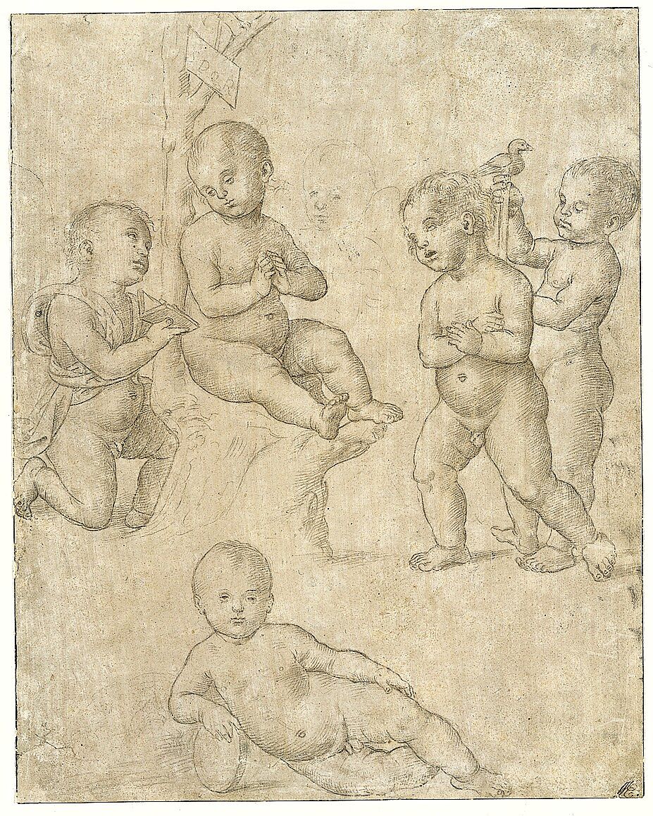 Five Nude Infants in Various Poses, Circle of Raphael (Raffaello Sanzio or Santi) (Italian, Urbino 1483–1520 Rome), Metalpoint, traces of charcoal or black chalk, on  pale pinkish gray prepared paper.