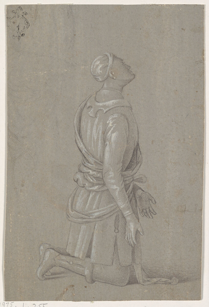 A Kneeling Man in Fifteenth-Century Costume (recto); a small, fragmentary sketch of a recumbant boy, probably by a later hand (verso), Circle of Pinturicchio (Italian, Perugia 1454–1513 Siena), Metalpoint, heightened with white, reworked with the point of the brush and gray ink, on gray prepared paper. 