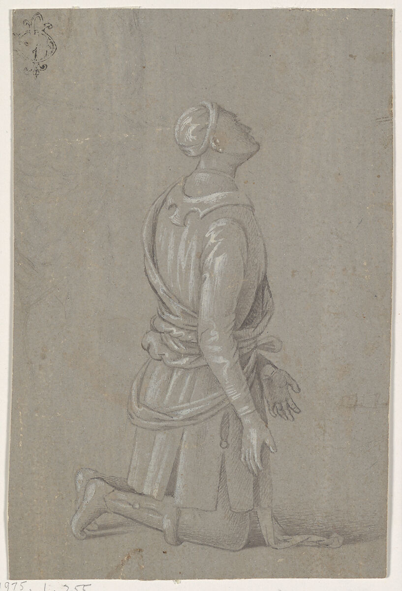 A Kneeling Man in Fifteenth-Century Costume (recto); a small, fragmentary sketch of a recumbant boy, probably by a later hand (verso), Pinturicchio  Italian, Metalpoint, heightened with white, reworked with the point of the brush and gray ink, on gray prepared paper.