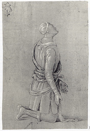 A Kneeling Man in Fifteenth-Century Costume (recto); a small, fragmentary sketch of a recumbant boy, probably by a later hand (verso), Circle of Pinturicchio (Italian, Perugia 1454–1513 Siena), Metalpoint, heightened with white, reworked with the point of the brush and gray ink, on gray prepared paper.